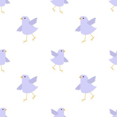 Vektör. Kusursuz desenli, hafif arka planda çizgi film kuşları olan. Hayvan çocuklar tasarımı düz bir şekilde basarlar. Tekstil, giysi, çarşaf, ofis malzemeleri için..
