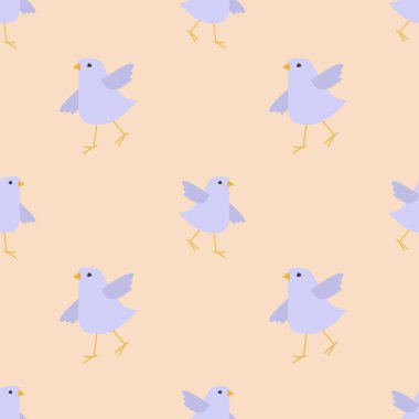 Vektör. Kusursuz desenli, hafif arka planda çizgi film kuşları olan. Hayvan çocuklar tasarımı düz bir şekilde basarlar. Tekstil, giysi, çarşaf, ofis malzemeleri için..