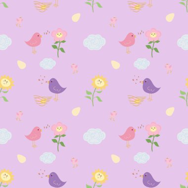 Vektör. Çizgi film kuşları, yumurtalar, yuvalar, çiçekler, açık arkaplanda bulutlar. Hayvan çocuklar tasarımı düz bir şekilde basarlar. Tekstil, giysi, çarşaf, ofis malzemeleri için..