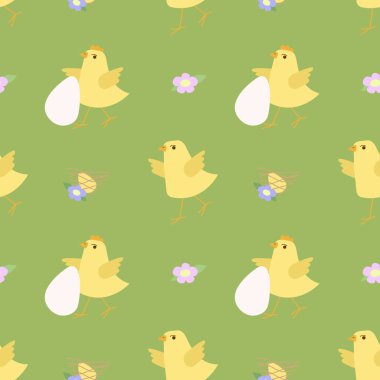 Paskalya yumurtaları, Paskalya yavruları, bahar çiçekleri, laleler ve daha fazlası ile paskalya temalı kusursuz desenli bir çizgi film çizimi. Yeşil arka planda sevimli piliçler, çiçekler ve yumurtalar olan kusursuz vektör deseni..