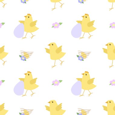 Paskalya yumurtaları, Paskalya yavruları, bahar çiçekleri, tatlı piliçler, çiçekler, beyaz bir arka planda yumurtalar eşliğinde kusursuz bir vektör deseni olan paskalya temalı kusursuz desenli bir çizgi film çizimi..