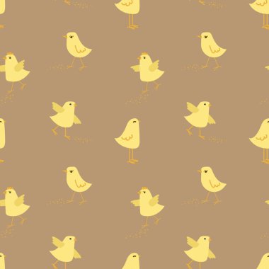 Şirin sarı hatunlarla kusursuz bir şablon. Pürüzsüz desenler ve hafif arka planda küçük tavuklar. Evcil bir kuşla eğlenceli bir yaz soyut baskısı. Vektör grafikleri.
