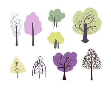 Ağaçların biçimlendirilmiş vektör çizimleri. El Çizimi Karikatür Ağaçları Clipart Set Şirin Doodle Stili, Dijital Tasarım, Etiketler ve Baskılar için Doğa İllüstrasyonu.