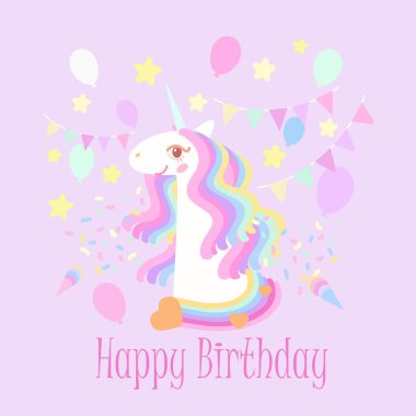 Tek boynuzlu at kafası pembe tonlarda balonlar, yıldızlar ve konfetilerle çevrili. Tatlı tek boynuzlu atın doğum günü kartı kutlu olsun. Nazik tek boynuzlu at şablonu, tebrik kartı, davetiye.