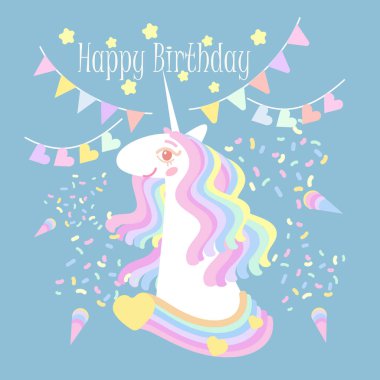 Yıldızlar ve konfetilerle çevrili tek boynuzlu bir at kafası. Tatlı tek boynuzlu atın doğum günü kartı kutlu olsun. Nazik tek boynuzlu at doğum günü şablonu, tebrik kartı,