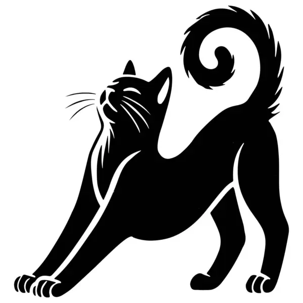 Kedi Uzatma Tasarımı Silüeti Vektör Sanat İllüstrasyonu Beyaz Arkaplanda, Siyah Kedi Silüeti Esneme, Tasarım İçin Mükemmel