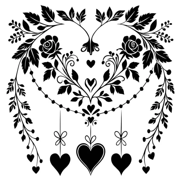 Beyaz arkaplanda romantik kalp çelengi tasarımı Vektör sanat silueti, simetrik, siyah ve beyaz çiçek deseni kalp şeklinin merkezinde..