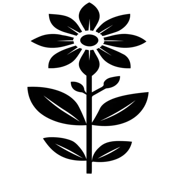 Çiçek açan ve yapraklı gövdesi Yapraklı Siluet Vektör Sanat Çizimi Beyaz Arkaplanda, bir çiçeğin stilize edilmiş, siyah ve beyaz bir grafiği ve yapraklı sapı. 