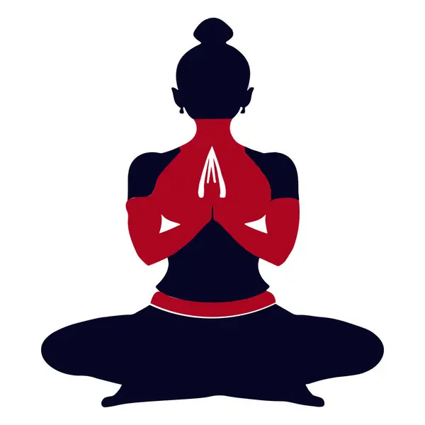 Oturarak yoga yapan, elleri dua eden bir kadının silüeti..