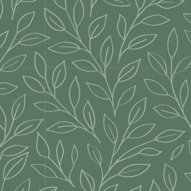 Şablon, biçimlendirilmiş dalları ve soluk yeşil arka planda beyaz çizilmiş ince yaprakları olan tekrarlayan bir botanik tasarımı içerir..