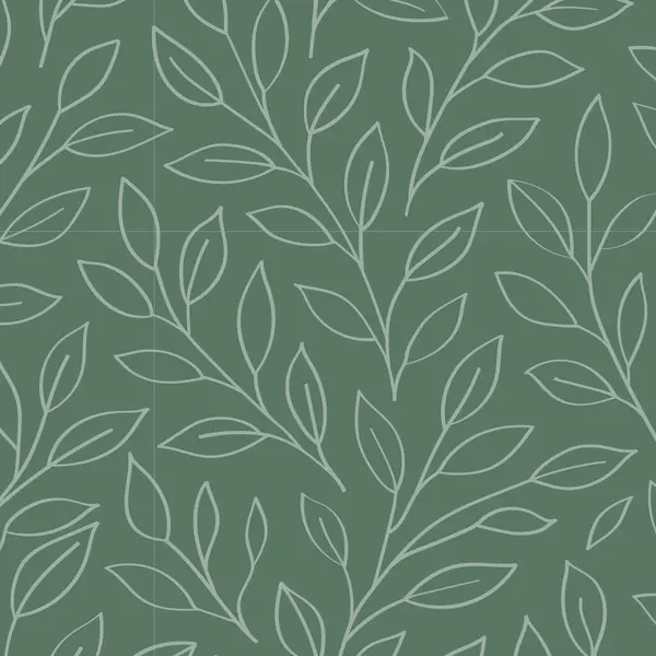 Şablon, biçimlendirilmiş dalları ve soluk yeşil arka planda beyaz çizilmiş ince yaprakları olan tekrarlayan bir botanik tasarımı içerir..