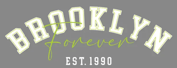 BROOKLYN 'i büyük harflerle yazdır, sonsuza kadar yeşille yazılsın. Kenarında EST yazıyor. 1990. Arka plan karanlık ve genel tasarımın kentsel ve modern bir havası var..