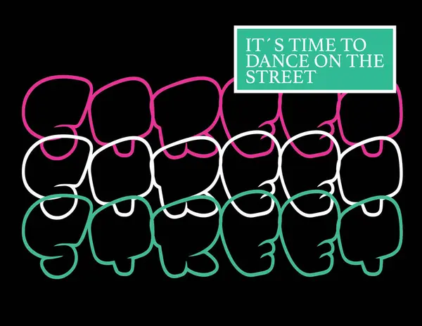 Sokak, üç sıra halinde dizilmiş pembe, beyaz ve açık yeşil figürlerin biçimlendirilmiş siyah bir arkaplan içerir..