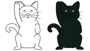 Beyaz arka planda siyah çizgi film sanatçısı, oyuncu kedi çizgi filmi.