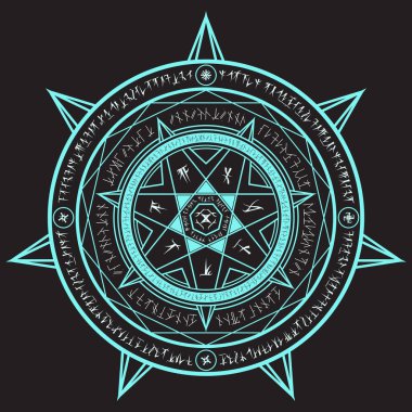 Açık mavi yedi yıldızlı sihirli sihirli çember üzerinde fantezi alfabe büyüsü (Fotonth olarak adlandırılır)