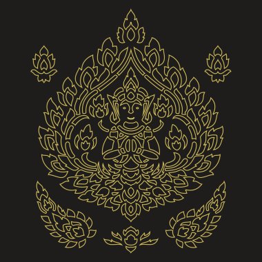 Kuzey Tayland tapınağının duvar, sütun, Budist edebiyat sandığı ve tekstil sandığından bulunabilecek siyah arka planda altın erkek açılı antik Tayland sanat süsü ve Galler.,