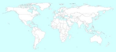 Ülke parçalı yüksek detaylı dünya haritası. Açık mavi zemin üzerinde ülke sınırı olan yüksek detaylı beyaz ekran dünya haritası