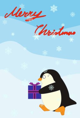 cute Christmas card, banner, poster contain penguin holding gift box run away and red alphabets on light blue land background with fall of snowflake clipart