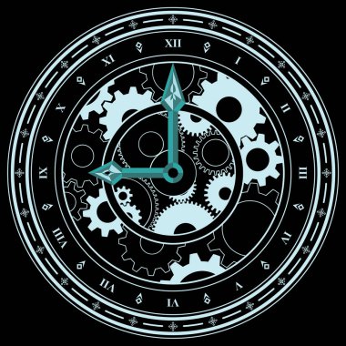 Açık mavi saat çerçeve ile Roma rakamları ve iki çember dişli bir saat dokuz durdu