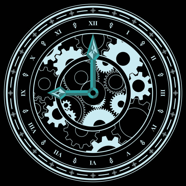 Light blue clock frame with roman numerals and two circle of gears as a time had stopped at nine o'clock