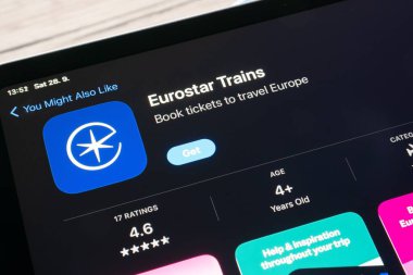 OSTRAVA, CZECHIA - 28 Eylül 2024: Avrupa 'da tren biletleri için Eurostar Trenleri mobil uygulamalı uygulama mağazası