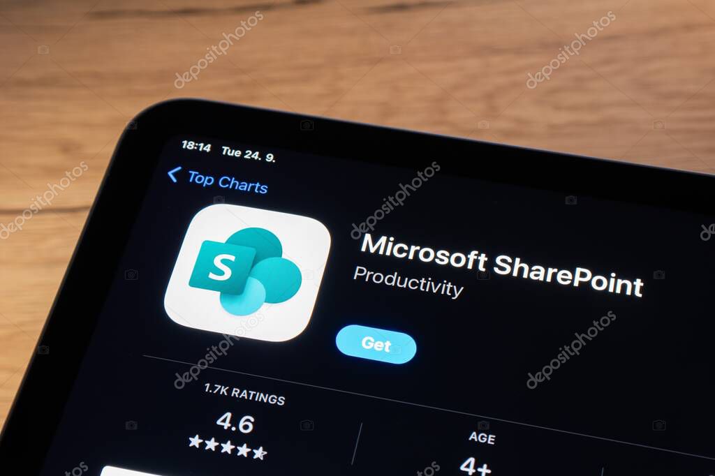OSTRAVA, CZECHIA - SEPTEMBER 24, 2024: App store with Microsoft Sharepoint productivity app to be installed