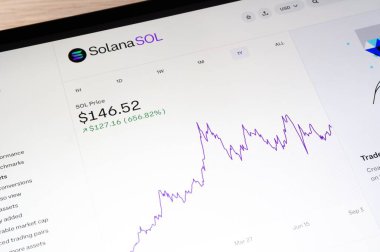 OSTRAVA, CZECHIA - 24 Eylül 2024: LCD ekranda Solana SOL kripto para biriminin fiyat tablosu