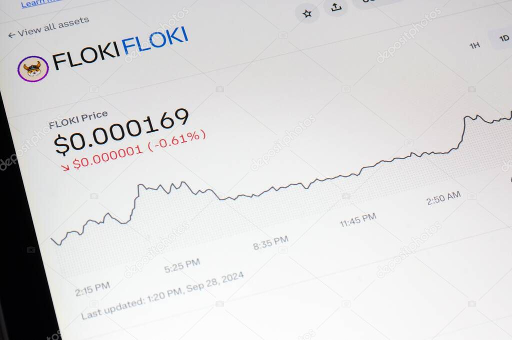 OSTRAVA, CZECHIA - SEPTEMBER 28, 2024: Price chart of Floki meme crypto currency on LCD screen