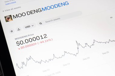 OSTRAVA, CZECHIA - 28 Eylül 2024: LCD ekrandaki Moo Deng MOODENG kripto para birimi çökmesi