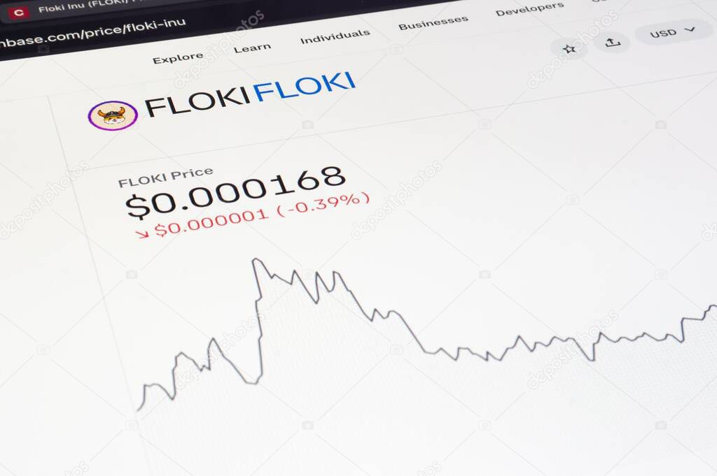 OSTRAVA, CZECHIA - SEPTEMBER 28, 2024: Price chart of Floki meme crypto currency on LCD screen