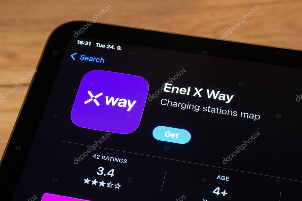 OSTRAVA, CZECHIA  SEPTEMBER 24, 2024: App store with Enel X Way mobile application to be installed and charge electric cars