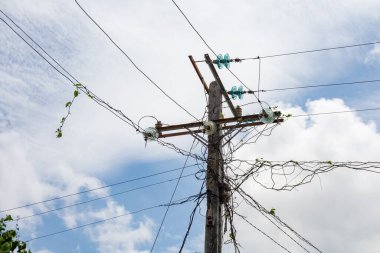 Electricity in Cuba, electrical pylon with messy wires and equipment clipart