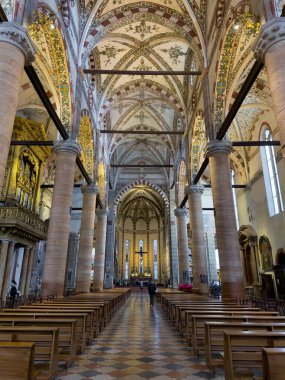 VERONA, İtalya - 28 Ekim 2024: La Bazilica di Santa Anastasia Katedrali, sunak ve banklarla iç mekan
