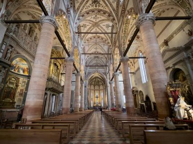 VERONA, İtalya - 28 Ekim 2024: La Bazilica di Santa Anastasia Katedrali, sunak ve banklarla iç mekan