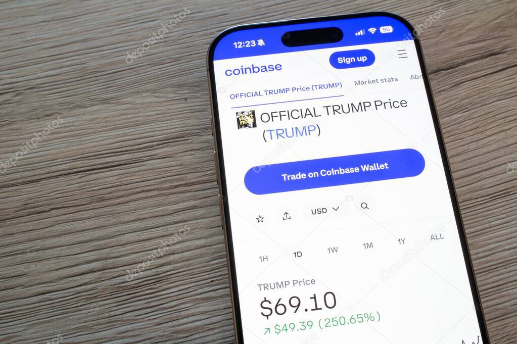 OSTRAVA, CZECHIA - JANUARY 19, 2025: KuCoin website with official TrumpCoin TRUMP cryptocurrency price
