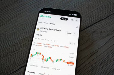 OSTRAVA, CZECHIA - 19 Ocak 2025: Resmi TrumpCoin TRUMP kripto para biriminin değişen fiyatıyla KuCoin web sitesi