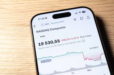 OSTRAVA, CZECHIA - 28 HAZİRAN 2025: NASDAQ Bileşik hisse senedi fiyat grafiği içeren LCD ekran