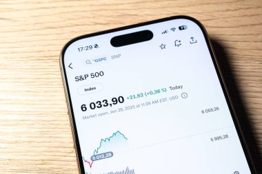 OSTRAVA, CZECHIA - 28 Ocak 2025: SP500 (SNP) hisse senedi fiyat tablosu içeren LCD ekran