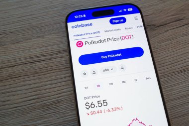 OSTRAVA, CZECHIA - 19 Ocak 2025: Polkadot kripto para biriminin fiyat tablosuyla akıllı telefon ekranı