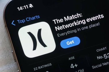 OSTRAVA, CZECHIA - 23 Kasım 2024: The Match Networking events mobil iş uygulamalı Apple uygulama mağazası