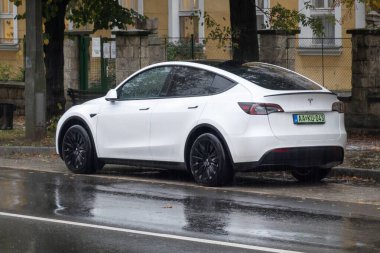 TOKAJ, HUNGARY - 27 Ekim 2023: Macar yeşil EV plakalı beyaz Tesla Model Y elektrikli SUV, arka görüş 