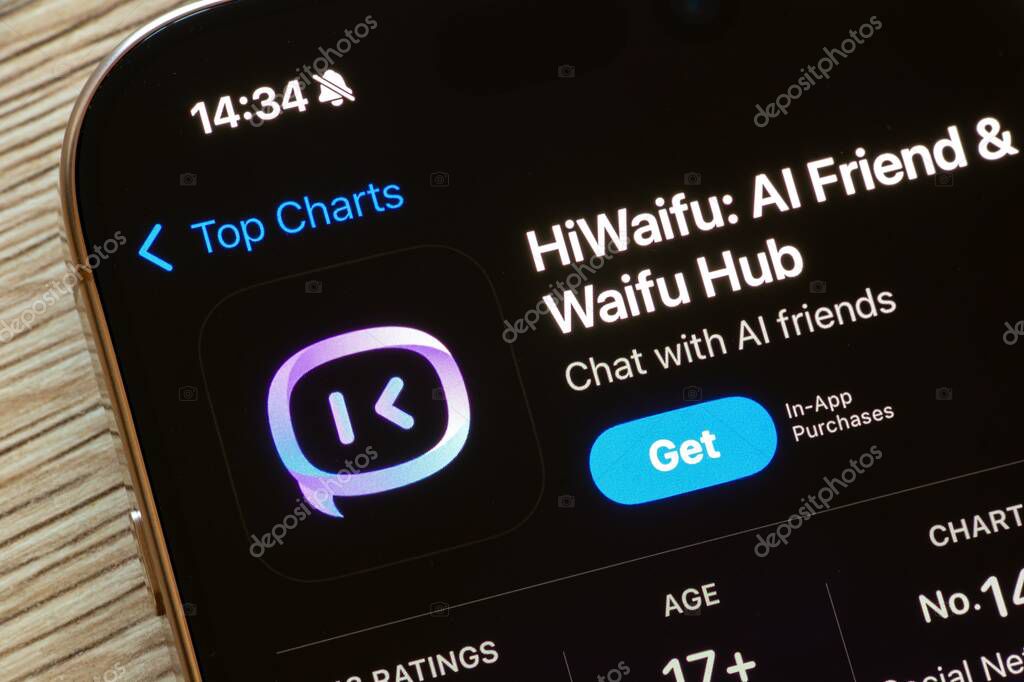 OSTRAVA, CZECHIA - NOVEMBER 21, 2024: App store with HiWaifu AI friend chat and chatbot mobile application to be installed