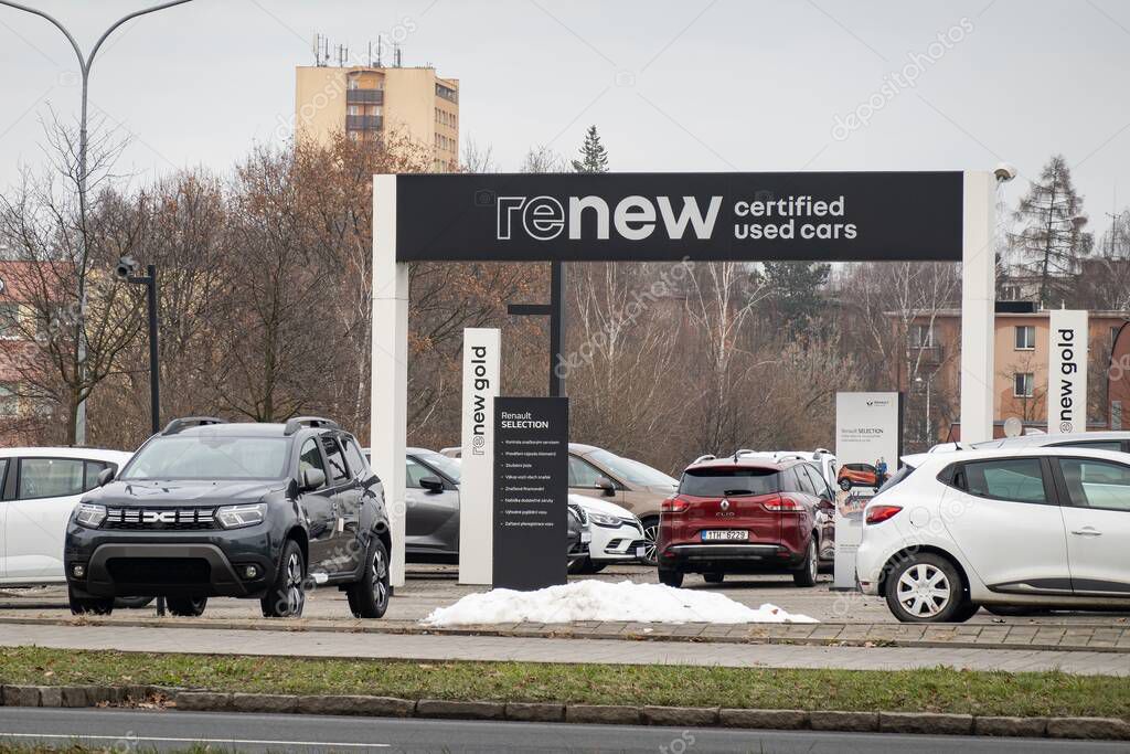 OSTRAVA, CZECHIA - DECEMBER 16, 2023: Renew store, Dacia and Renault certified used cars dealership