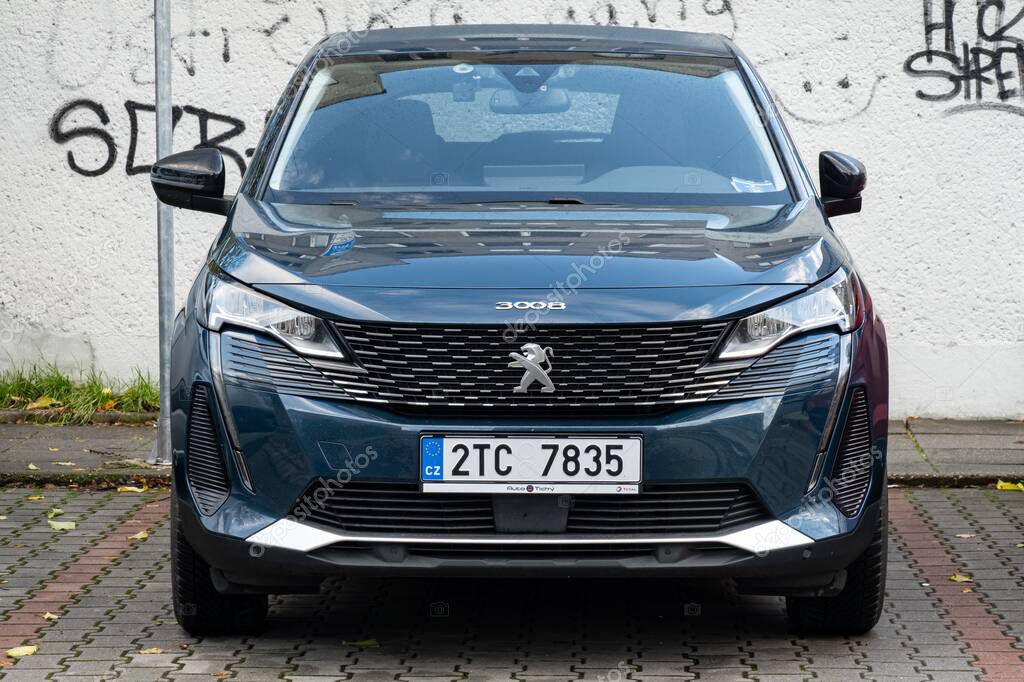 OSTRAVA, CZECHIA - NOVEMBER 16, 2023: Front view of Peugeot 3008 (P84) crossover car parked on street