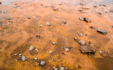 İzlanda 'da Geysir yakınlarında mineralli turuncu ıslak toprak.