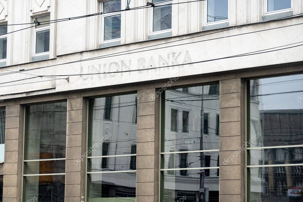 OSTRAVA, CZECHIA - OCTOBER 19, 2023: Former office of Union Banka with banner and logo torn down
