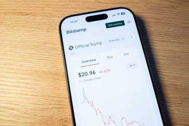 Ostrava, Çek Cumhuriyeti - 19 Ocak 2025: TrumpCoin TRUMP resmi kripto para birimi fiyatlı Bitstamp web sitesi