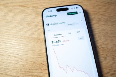Ostrava, Çek Cumhuriyeti - 2 Şubat 2025: Bitstamp website to buy official MELANIA meme coin cryptocurrency with price chart