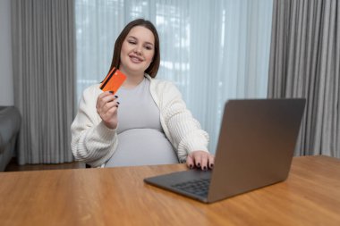 Genç hamile bir kadın bilgisayarını ve kredi kartını evde online alışveriş için kullanıyor. Modern kolaylık, anneliğe hazırlanma kavramı, ekommerleşme ve günlük hayatta teknolojiyi kucaklama kavramı. Yüksek