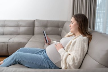 Evdeki koltukta oturan rahat hamile kadın akıllı telefonu internet alışverişi ve fotokopi alanı olan dijital servisler için kullanıyor. Annelik kavramı, dijital bağlantı, teknoloji ve dış ticaret kolaylığı